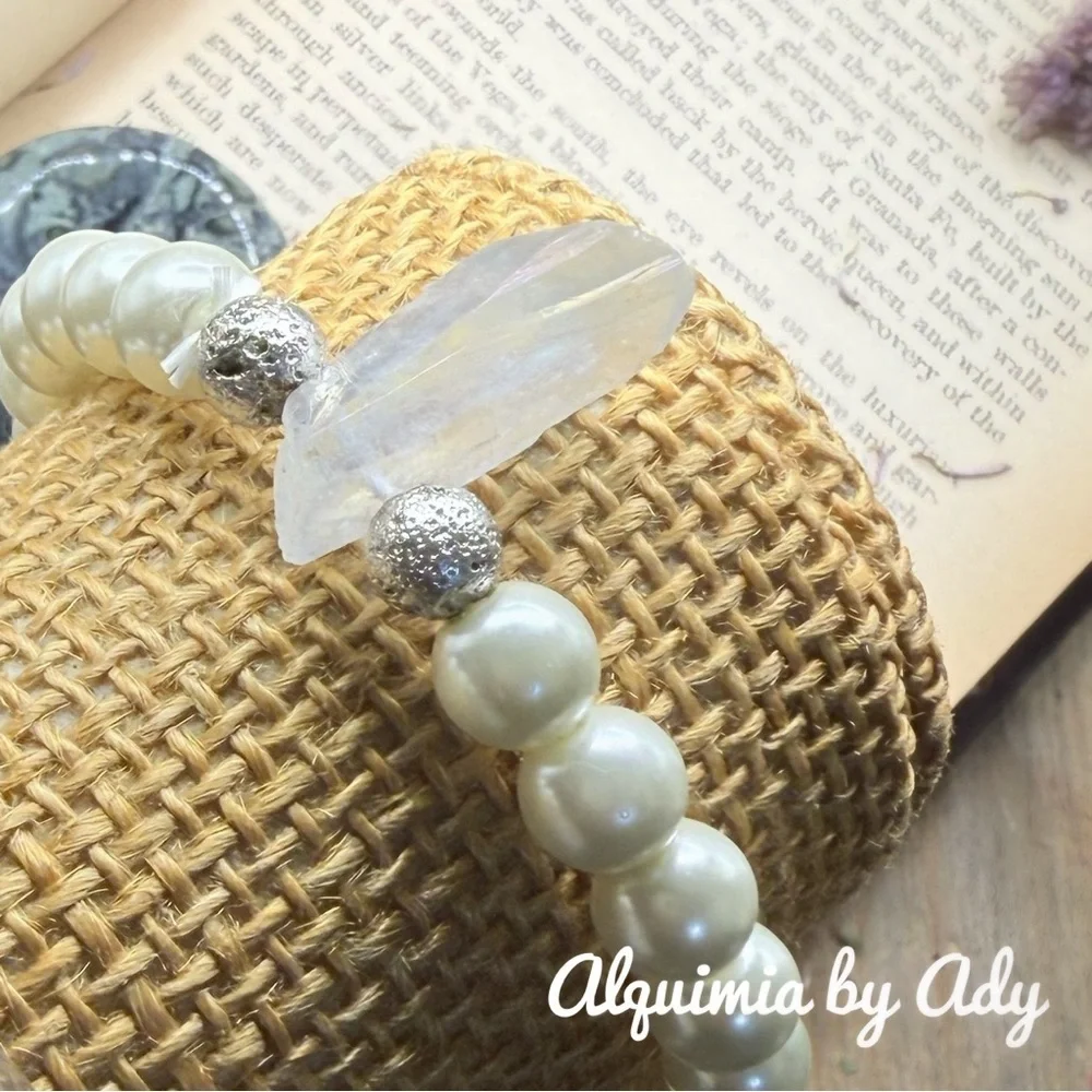 Statement Silver and Cream phantom quartz Pearl Bracelet